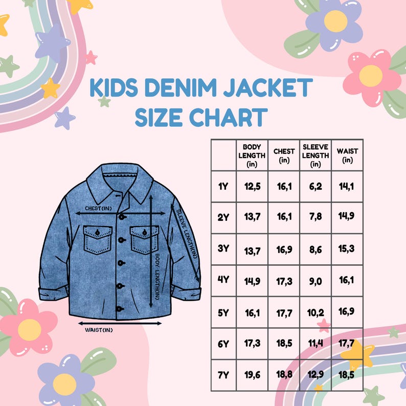 May include: Size chart for kids' denim jackets. The chart shows measurements in inches for body length, chest, sleeve length, and waist for sizes 1Y to 7Y.