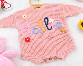 Custom Hand Embroidered Baby Romper, Baby Newborn Romper With Name, Announcement Baby Romper | Newborn Gift | Baby Shower Gift