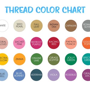 May include: A color chart showing 24 different thread colors with their names. The colors include white, seed pearl, fall leaf, Indian tan, chipmunk, Roman sliver, coral cloud, sachet pink, beetroot purple, racing red, papaya punch, golden poppy, spectra yellow, zinnia, online lime, grass hopper, jolly green, spectra green, blue bell, blue bonnet, Mediterranean, viola, rosebud, and grape juice.