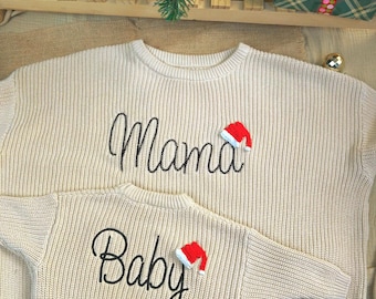 Embroidered Mama Baby Sweater with Santa Hat, Family Matching Personalised, Baby and Kids Outfits, Personalized Clothes, Christmas Sweater