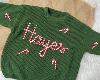Custom Baby Name Sweater, Custom Name Hand-Embroidered Baby Christmas Sweater, Candy Cane Name Sweater, Personalized Christmas Knit Sweater
