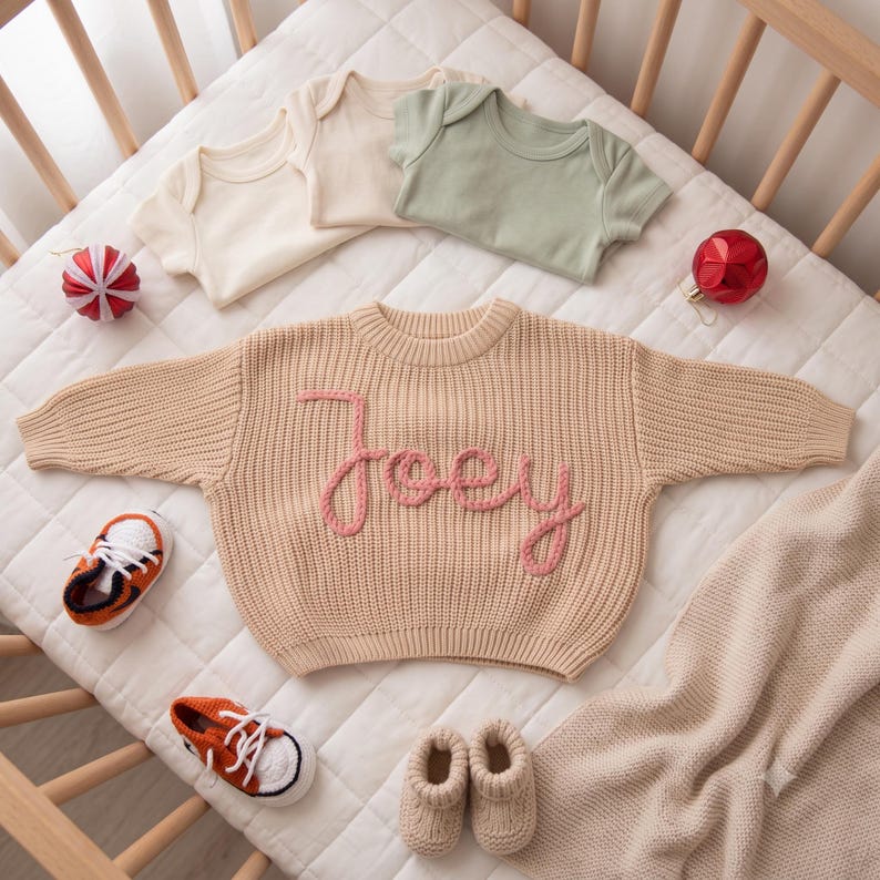 K&ouml;nnte beinhalten: Ein beigefarbener, lang&auml;rmeliger Strickpullover mit dem in rosa Garn aufgestickten Namen Joey auf der Vorderseite, dazu drei kurz&auml;rmelige Bodys in Creme und Salbeigr&uuml;n, zwei orange-wei&szlig;e Strick-Sneaker und ein Paar beigefarbene Stricksch&uuml;hchen.