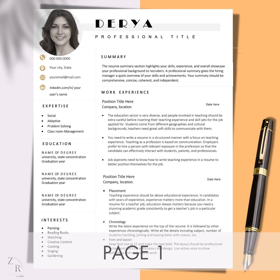 Professional Modern Resume Template for Pages, Word & Google Docs ...