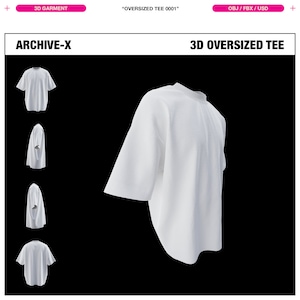 May include: A white oversized tee shirt, shown in a 3D model, with a black background. The shirt is shown from multiple angles.