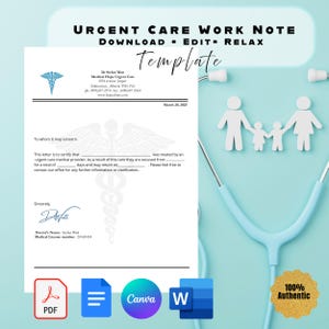 Modelo de nota médica para cuidados urgentes, nota médica editável para trabalho e escola, carta de desculpa médica, download instantâneo em PDF