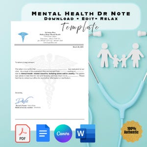 Notas médicas de salud mental, justificante médico editable para el trabajo y la escuela, plantilla de certificado médico (PDF)