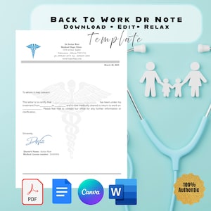 Nota médica para el regreso al trabajo, plantilla editable de justificación médica para el trabajo y la escuela, nota médica con firma