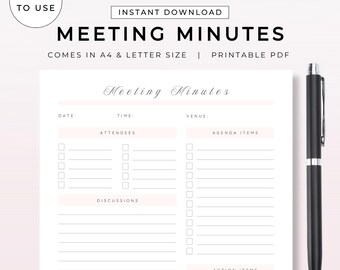 Afdrukbare sjabloon vergadernotulen | Aantekeningen bestuursvergadering Agenda Checklist Planner | Digitale pdf-bestand A4 en US Letter downloaden Business Organizer