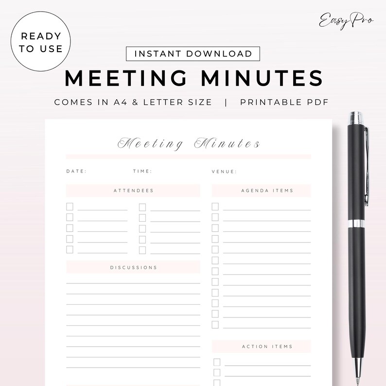 Meeting Minutes Printable Template | Board Meeting Notes Agenda ...