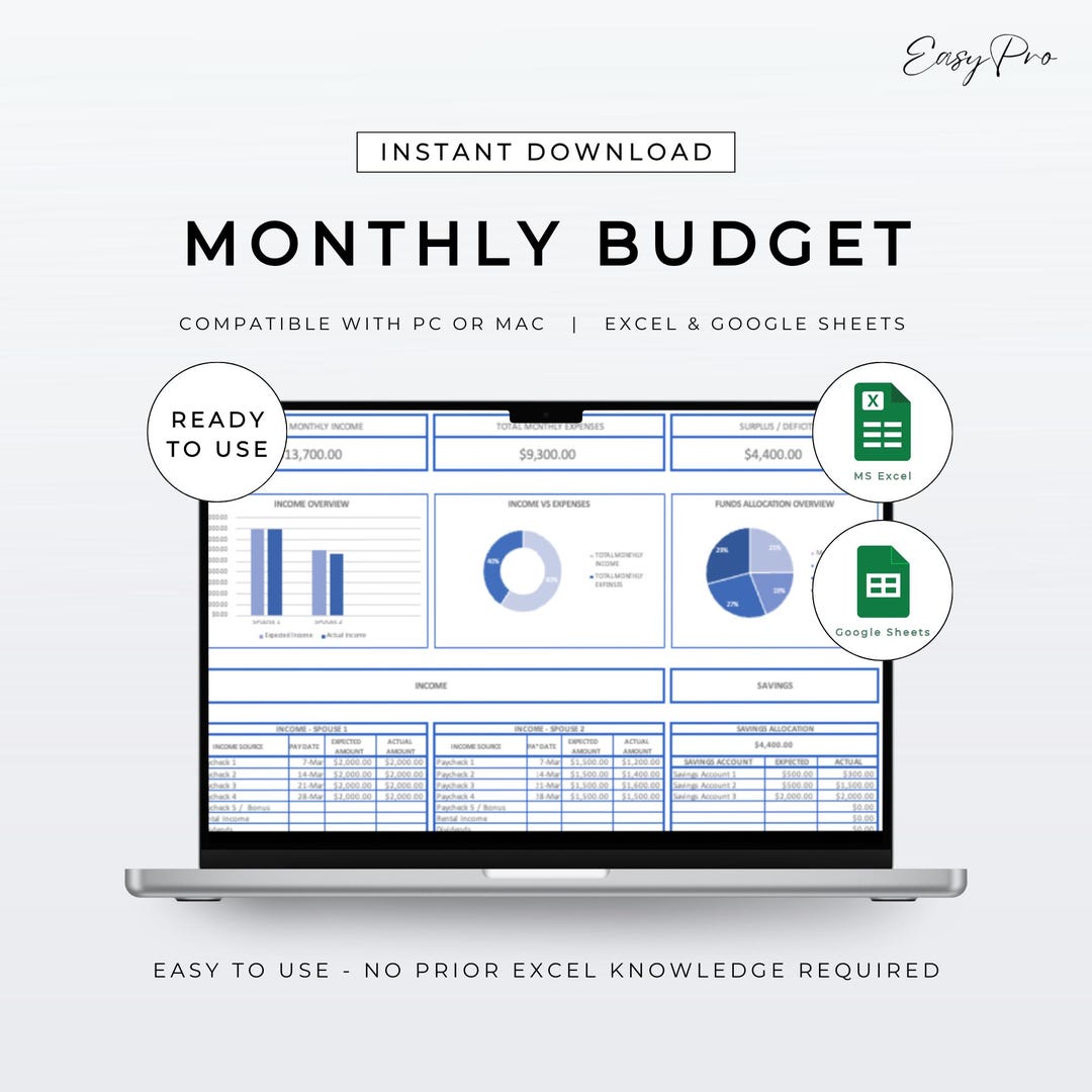 Monthly Budget Planner Spreadsheet - Blue | Easy Ready to Use Template ...