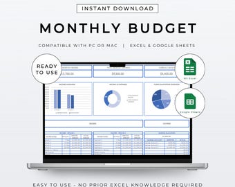 Spreadsheet maandbudgetplanner - blauw | Gebruiksklare sjabloon | Eenvoudige digitale inkomsten- en uitgaventracker | Excel | Google-spreadsheet