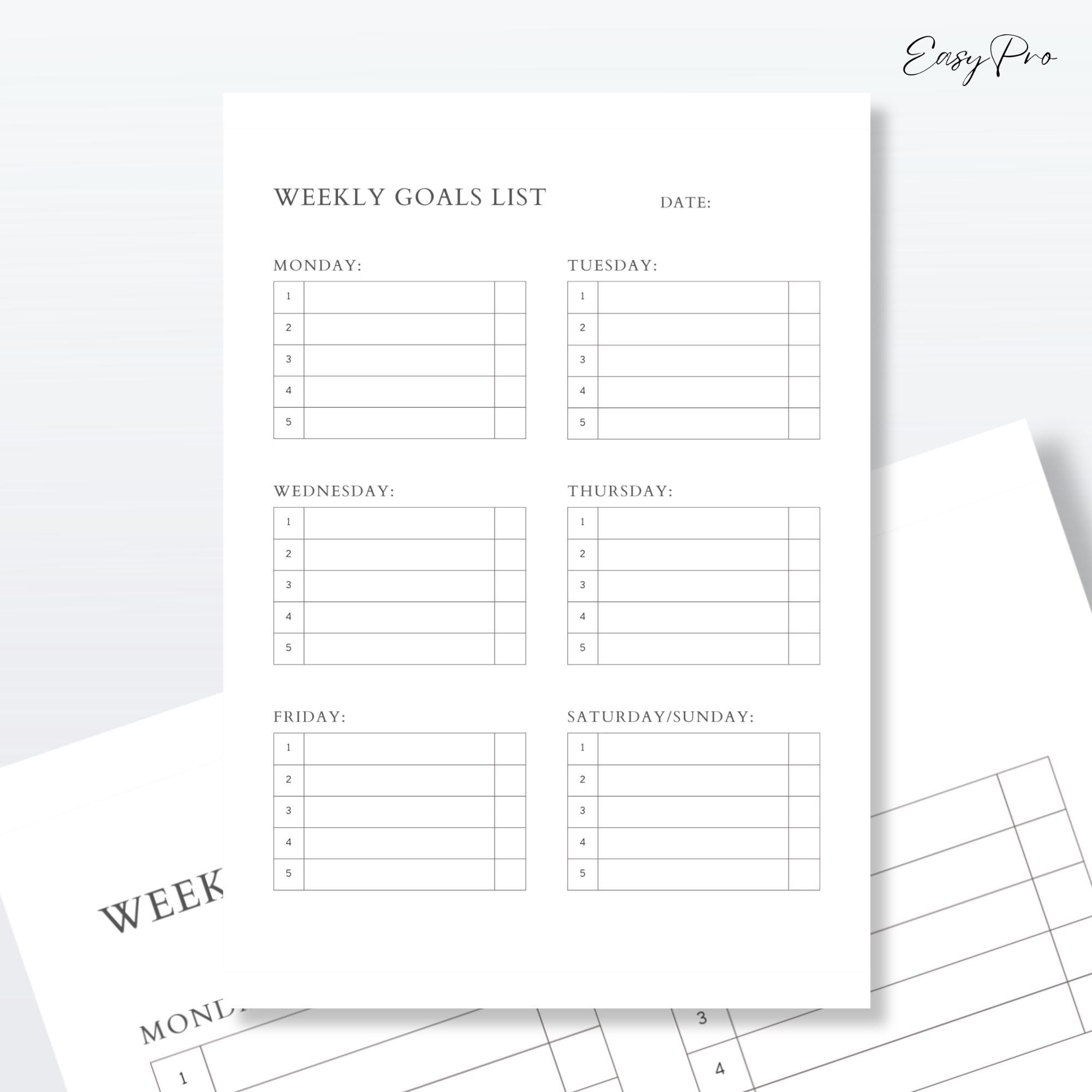 Weekly Goals List Planning Worksheet Printable Goal Planner Organiser
