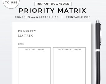 Werkblad prioriteitsmatrixplanning | Afdrukbare prioriteringsorganizer | Digitale pdf-download | Sjabloon voor productief bedrijfsbeheer