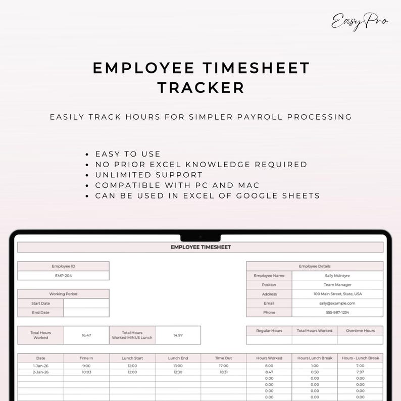 Employee Timesheet Tracker Spreadsheet | Track Hours, Salary, Wages for ...