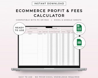 E-commerce winst- en vergoedingencalculator spreadsheet roze | Eenvoudige gebruiksklare sjabloon, digitale online verkoop Productplanner Excel Google Spreadsheets