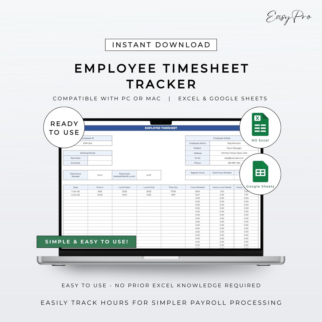 Employee Timesheet Tracker Spreadsheet | Track Hours, Salary, Wages for ...