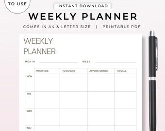 Wekelijkse planner takenlijstsjabloon | Afdrukbare organizer voor doelplanning | Digitale pdf-download | Productief dagelijks wekelijks managementblad