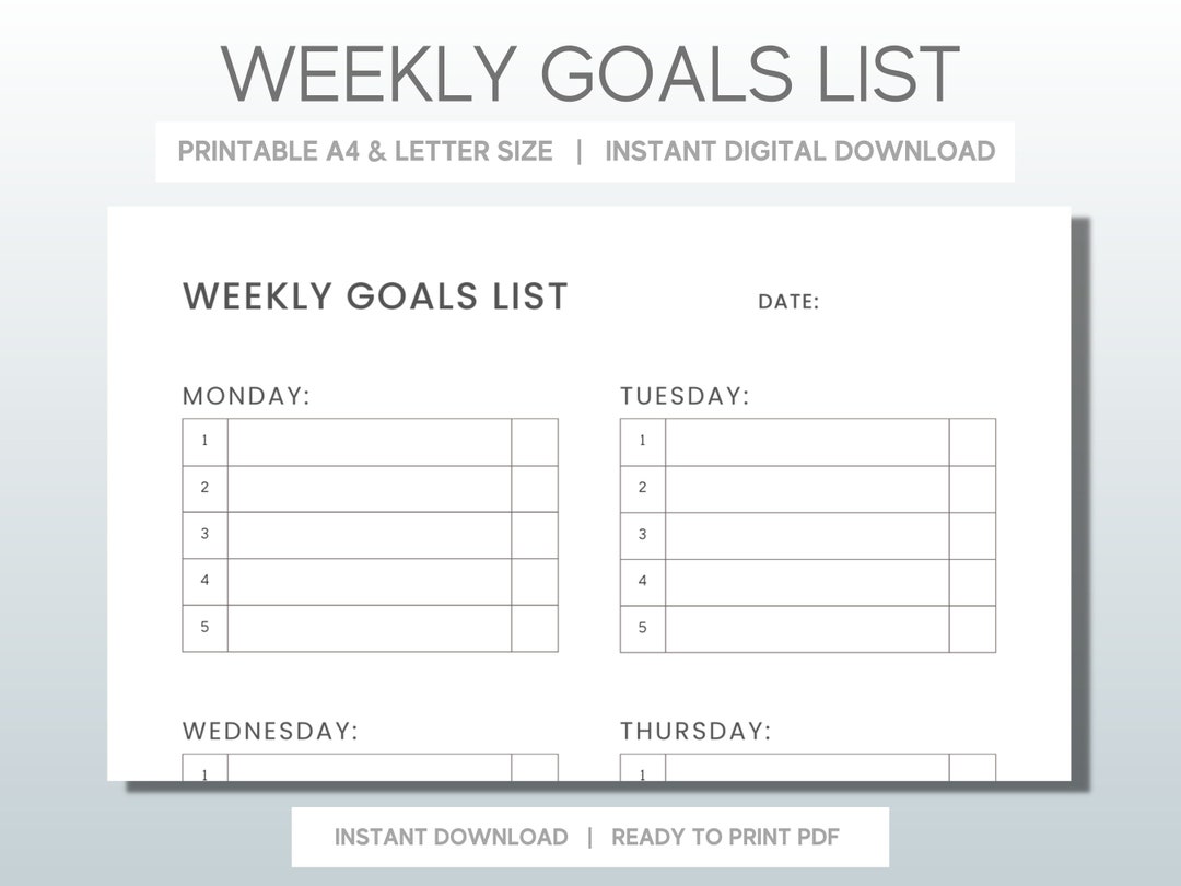 Weekly Goals List Planning Worksheet Printable Goal Planner Organiser