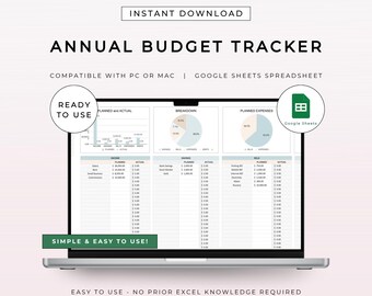 Spreadsheetsjabloon voor jaarlijkse budgettracker | Inkomsten, uitgaven, spaargelden, rekeningen en schuldcalculator bijhouden | Ontworpen voor Google Spreadsheets