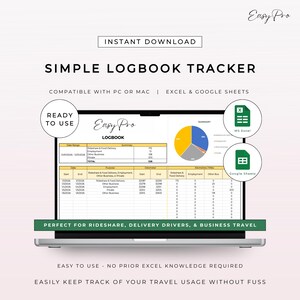 May include: A laptop screen displays a logbook tracker with the text "SIMPLE LOGBOOK TRACKER." The screen shows data tables, pie charts, and icons for MS Excel and Google Sheets. The text "INSTANT DOWNLOAD" is at the top.