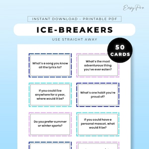 May include: Printable PDF ice-breaker cards with questions like "What's a song you know all the lyrics to?" and "If you could live anywhere for a year, where would it be?" The cards are in blue, teal, and pink with a black circle that says "50 Cards".