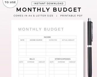 Sjabloon maandelijkse budgetplanner | Afdrukbare organisator budgetplanning | Digitale pdf-download | Eenvoudige inkomsten- en uitgavenbeheertracker