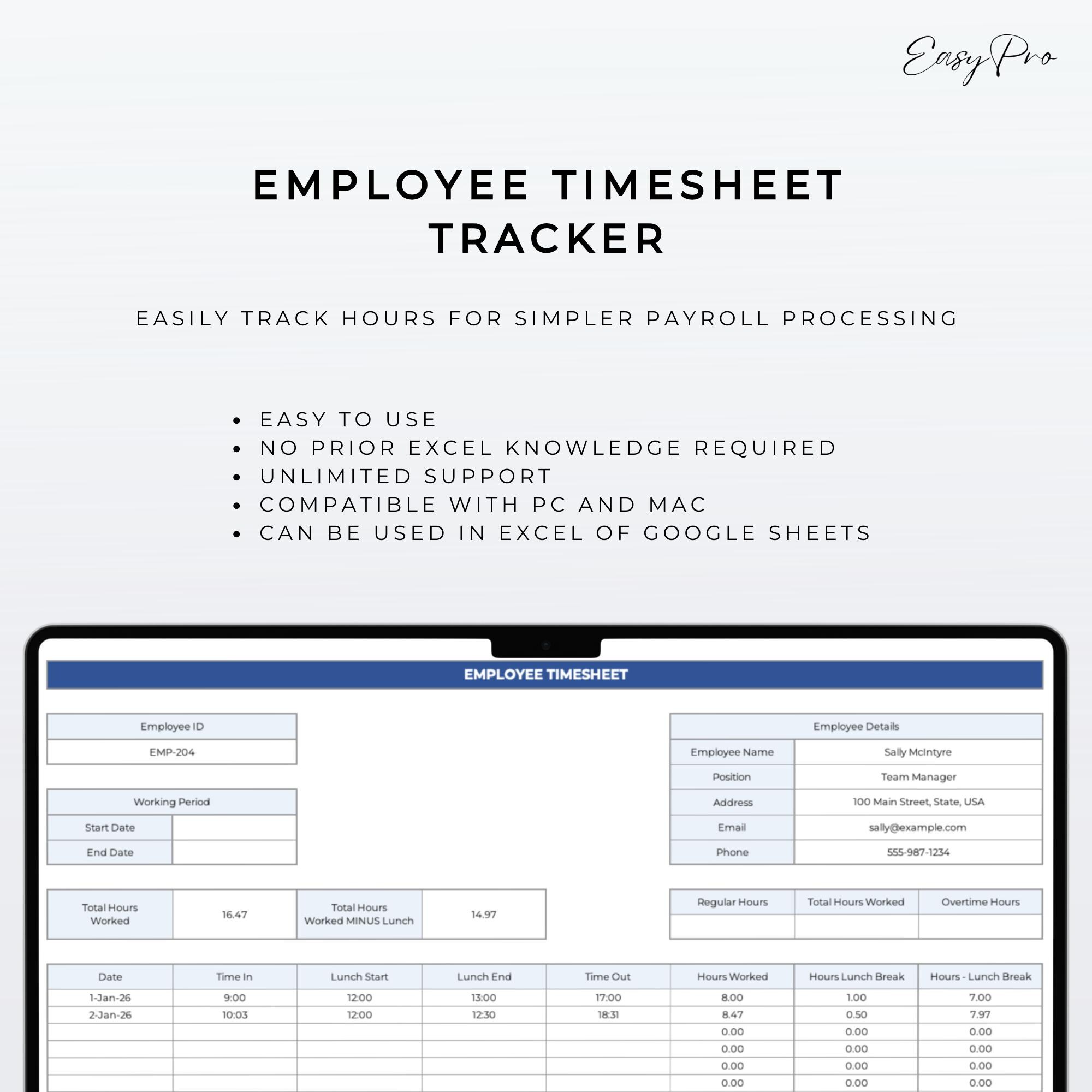 Employee Timesheet Tracker Spreadsheet | Track Hours, Salary, Wages for ...