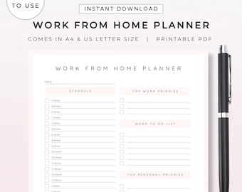 Werk vanuit huis afdrukbare plannersjabloon | Checklist dagelijkse planning | Digitale pdf-bestand A4 en US Letter downloaden Zakelijk werk Personal Organizer