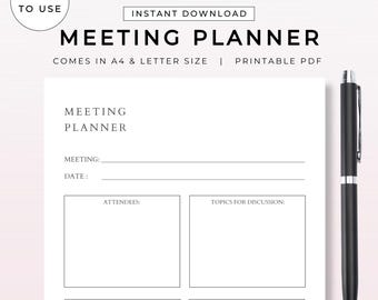 Werkblad Planningsplanner voor vergaderingen | Afdrukbare organizer voor meetingplanner | Digitale pdf-download | Sjabloon voor productief bedrijfsbeheer