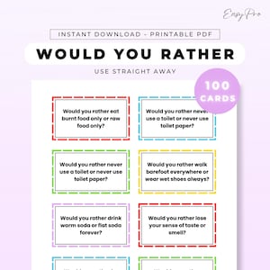 Pode incluir: Jogo PDF imprimível intitulado "Would You Rather" com 100 cartões. Os cartões têm bordas coloridas e fazem várias perguntas "Would you rather". O texto "Download instantâneo - PDF imprimível" está no topo. O jogo foi projetado para uso imediato.