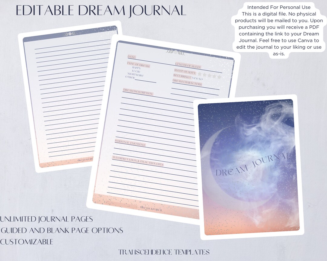Dream Journal | DIGITAL DOWNLOAD | Canva Editable Template ...