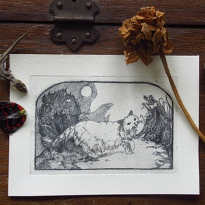 May include: A black and white print of a cat lying down in a moonlit forest. The cat is looking to the right and has its mouth open. The print is on a white background.