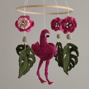 Ready To Ship- Handmade Flamingo Baby Mobile, Crochet Floral Pink Hanging Mobile, Girl Nursery Decor, Baby Shower Gift