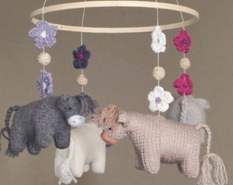 A lovely Hand knitted cattle Baby Mobile- Flowers and Cows Nursery Mobile- Cot Mobile- Lavender cow