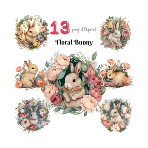 Floral Bunny PNG Clipart Rabbit Digital Illustration Junk Journal Ephemera Crafting Paper Journal Pages Scrapbook Download