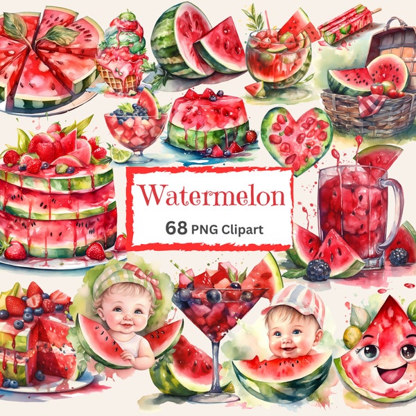 Watermelon Watercolor PNG Clipart Bundle Summer Watermelon Art Card Graphic Crafting Paper Journal Pages Scrapbook Transparent Download
