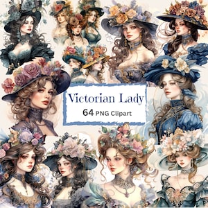 Victorian Lady Watercolor Clipart Bundle Victorian Woman PNG Vintage Lady Card Graphic Crafting Paper Junk Journal Pages Scrapbook Download