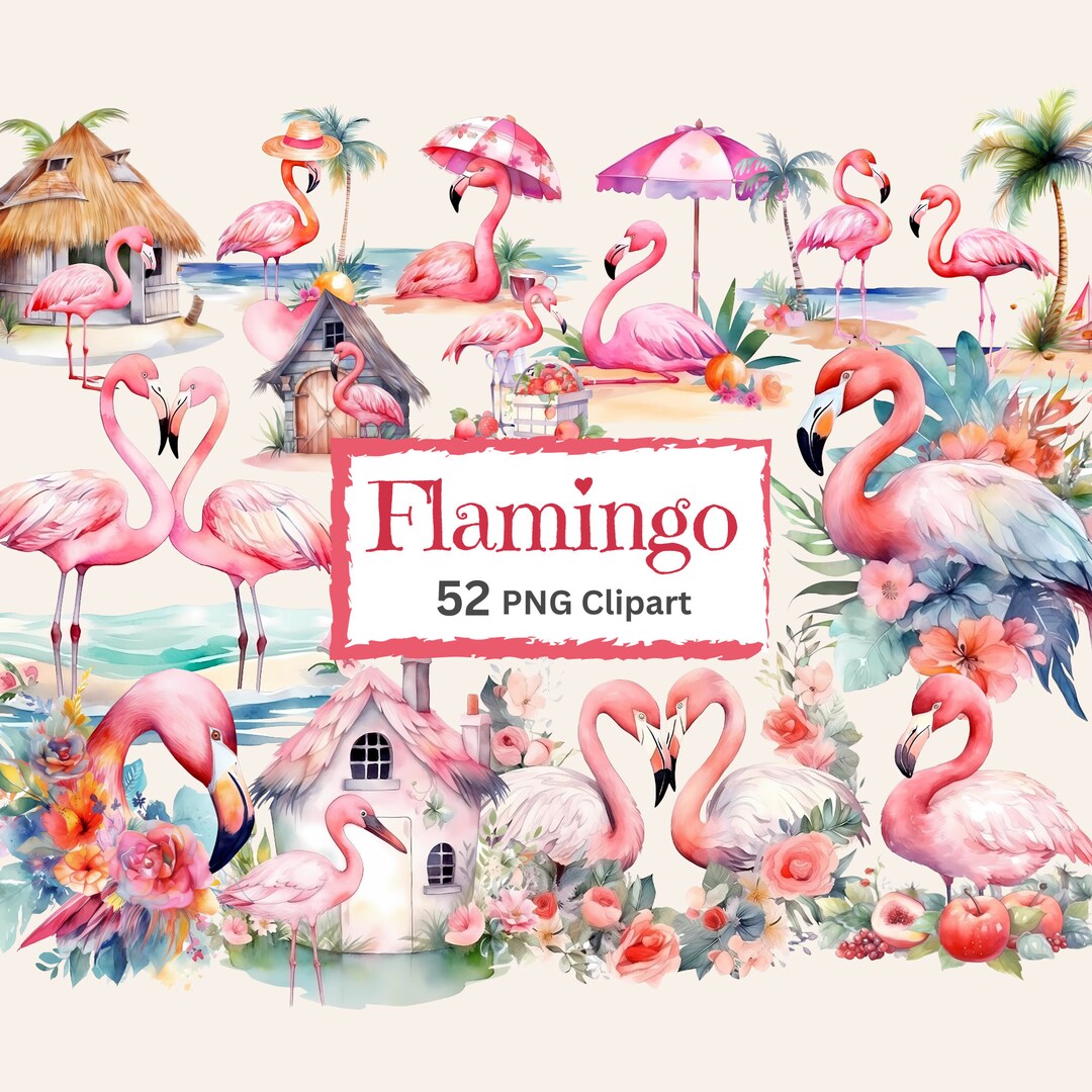 Flamingo PNG Clipart Bundle Tropical Birds With Floral Fruits ...