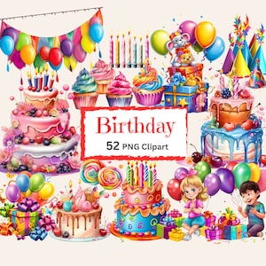Geburtstagsparty PNG Clipart Bundle Geburtstag Element Grafik Kuchen Geschenk Ballon Cupcake Geschenkbox Lutscher Kind Geburtstagsfeier Download