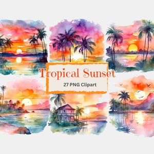 Tropical Sunset Clipart PNG Beach Landscape Digital Illustration Junk Journal Crafting Paper Scrapbook Download