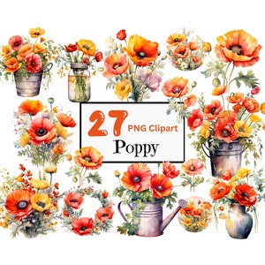 Coquelicot PNG Clipart Bouquets de fleurs seau de pavot fleurs bohèmes Junk Journal Ephemera Crafting Paper Journal Pages Scrapbooking Download