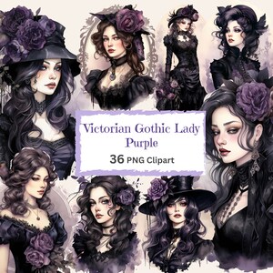 Lila Victorian Gothic Lady Aquarell Clipart PNG Vintage Lady Kunst Karte Grafik Bastelpapier Junk Journal Seiten Scrapbook Download