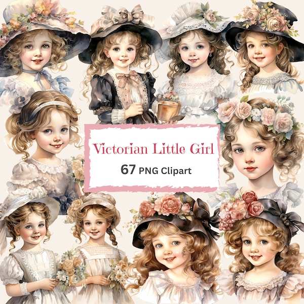 Victorian Little Girl Watercolor Clipart Bundle PNG Vintage Girl Art Card Graphic Crafting Paper Junk Journal Pages Scrapbook Download