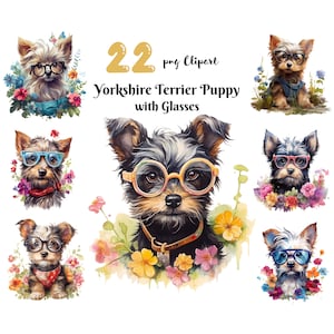 Yorkshire Terrier Puppy with Glasses PNG Clipart Cute Dog Yorkie Digital Illustration Junk Journal Ephemera Crafting Paper Journal Pages