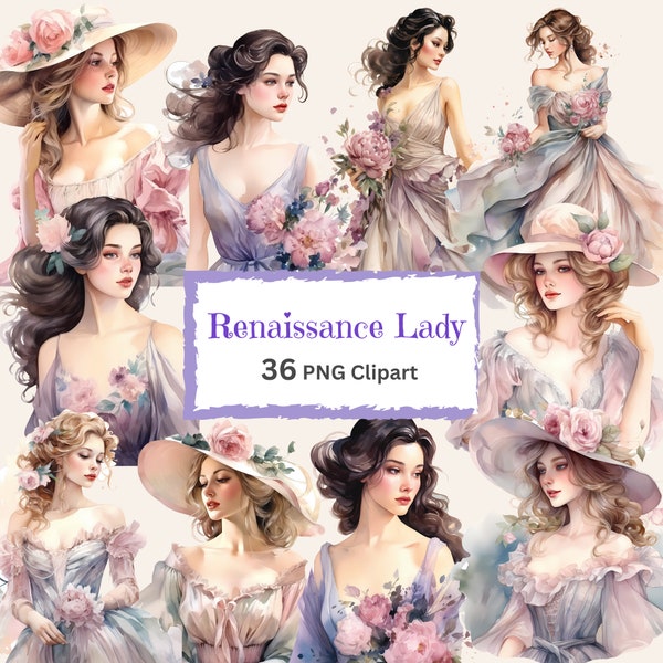 Renaissance Lady Watercolor Clipart Bundle PNG Vintage Girl Art Card Graphic Crafting Paper Junk Journal Pages Scrapbook Digital Download