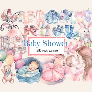 Baby Shower Bundle PNG Watercolor Clipart Newborn Baby Nursery PNG Invitation Card Graphic Journal Pages Scrapbook Transparent Download