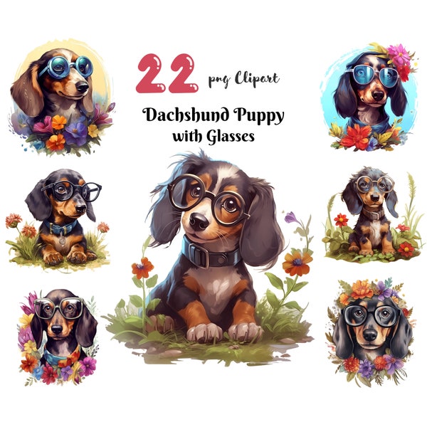 Dachshund Puppy with Glasses PNG Clipart Dackel Sausage Wiener Dog Digital Illustration Junk Journal Ephemera Crafting Paper Journal