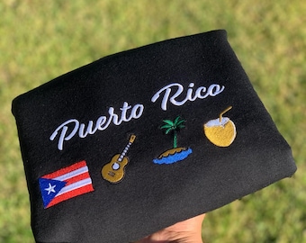 Puerto Rico Embroidery Sweatshirt, featuring intricate embroidery of "Puerto Rico",  Acoustic Guitar, Island, Tasty Coconut