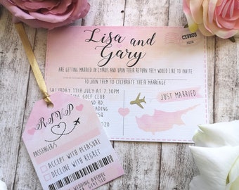 Postcard wedding reception invitation- glitter plane- beach wedding -destination wedding- modern calligraphy -travel- Post Card