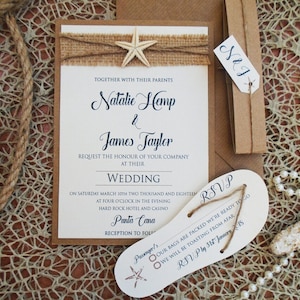 Invitación de boda de arpillera de estrella de mar-- flip flop RSVP-- Invitación de boda arpillera-- guita- invitación de boda en la playa